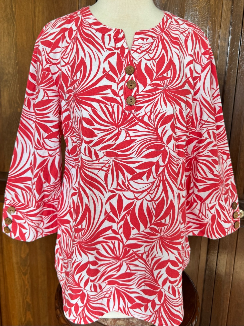 Appleseed's Red White Tropical Palm Leaf Tunic Blouse 100% Cotton M NWT